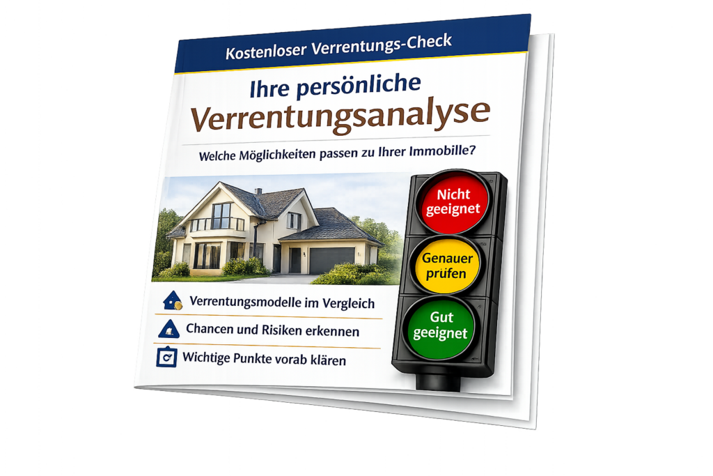 3D-Broschüre „Kostenloser Verrentungs-Check“ mit persönlicher Verrentungsanalyse, Hausmotiv und Ampelbewertung